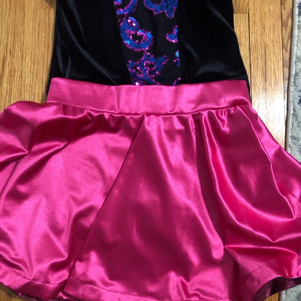 Dance costume velvet one piece with shorts & pink fuschia skirt tap jazz size XL